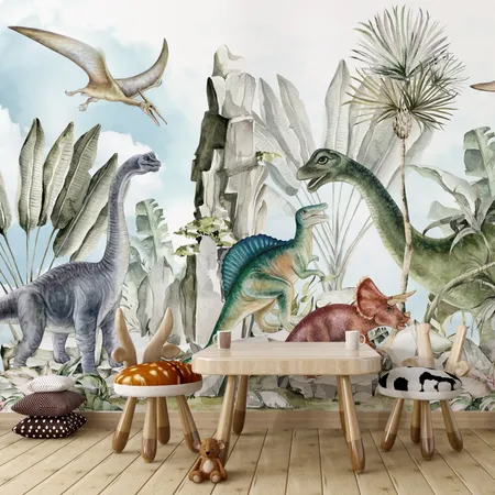 Kids Watercolor Prehistory Cute Dinosaurs Wallpaper Mural