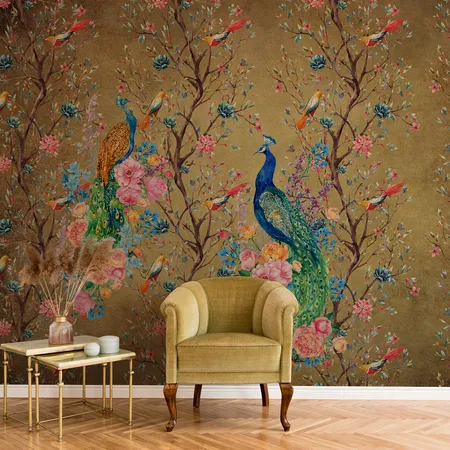 Chinoserie Peacock ve Floral Yapışkanlı Duvar Kağıdı