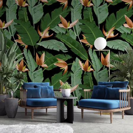 Black Tropical Banana Leaf Pattern Peel And Stick Wallpaper