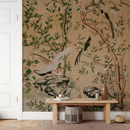 Vintage Asian Trees and Birds Chinoiserie Wallpaper Mural