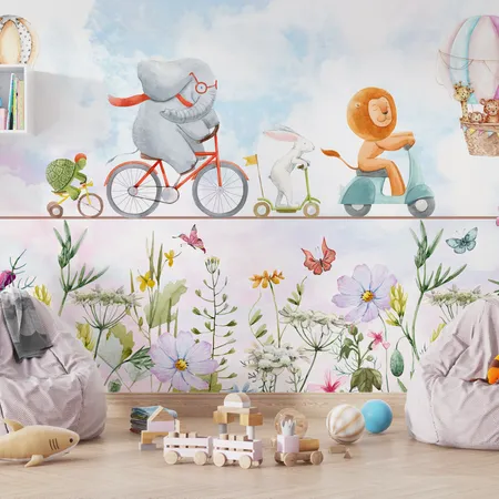 Kids Animals And Hot Air Balloon Pattern Wallpaper