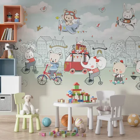 Baby Animals with Hand Drawn City Kids Wallpaper Mural