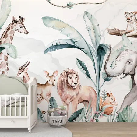 Kids Watercolor Animal And Forest Peel And Stick Wallpaper