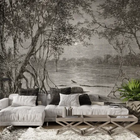 Black and White Antique Moonlight Landscape Wallpaper Mural