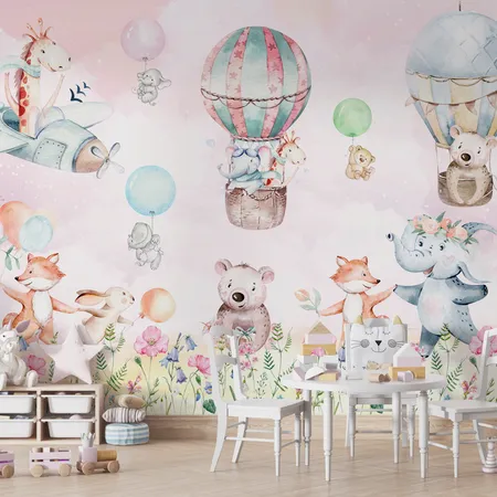 Pink Kids Animal And Hot Air Balloon Peel And Stick